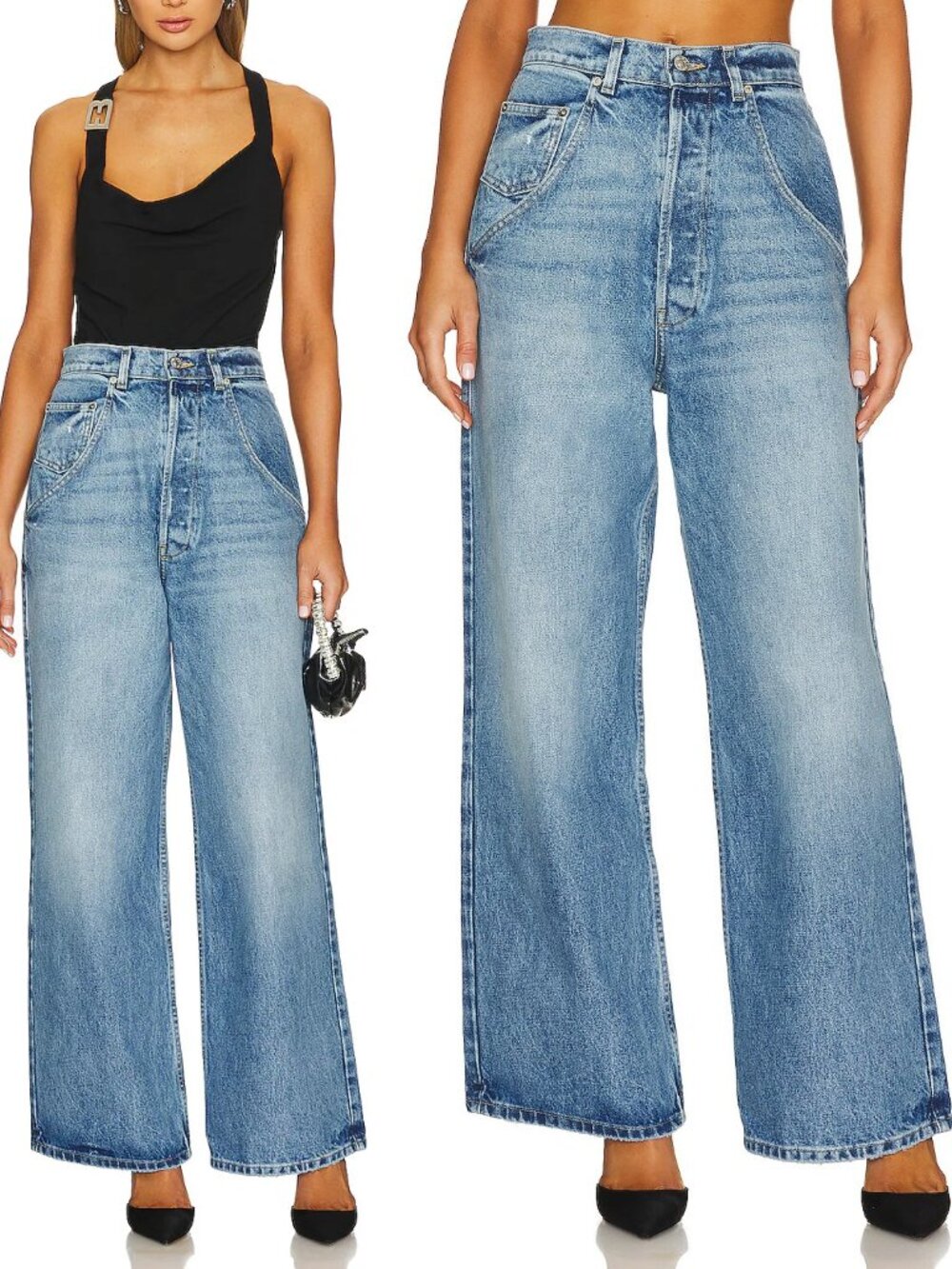 EB DENIM OUTPOST luca wide leg Barrel blue denim jeans  distressed 25 $340